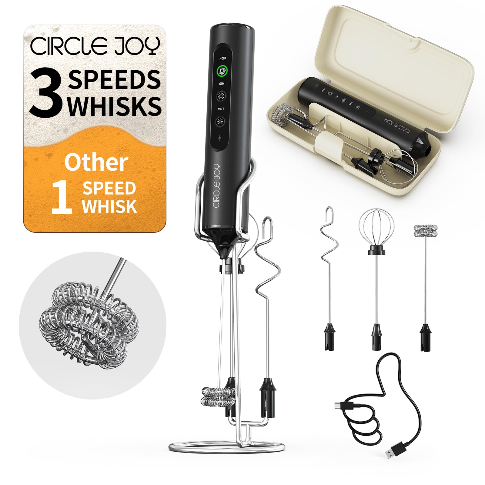 CIRCLE JOY Rechargeable Handheld Milk Frother Wand with Stand, 3 Variable Speeds