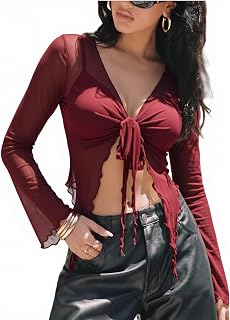 Avidlove Women Mesh Crop Top Y2K Tie Front Sheer Cardigan Sexy V Neck S-2XL