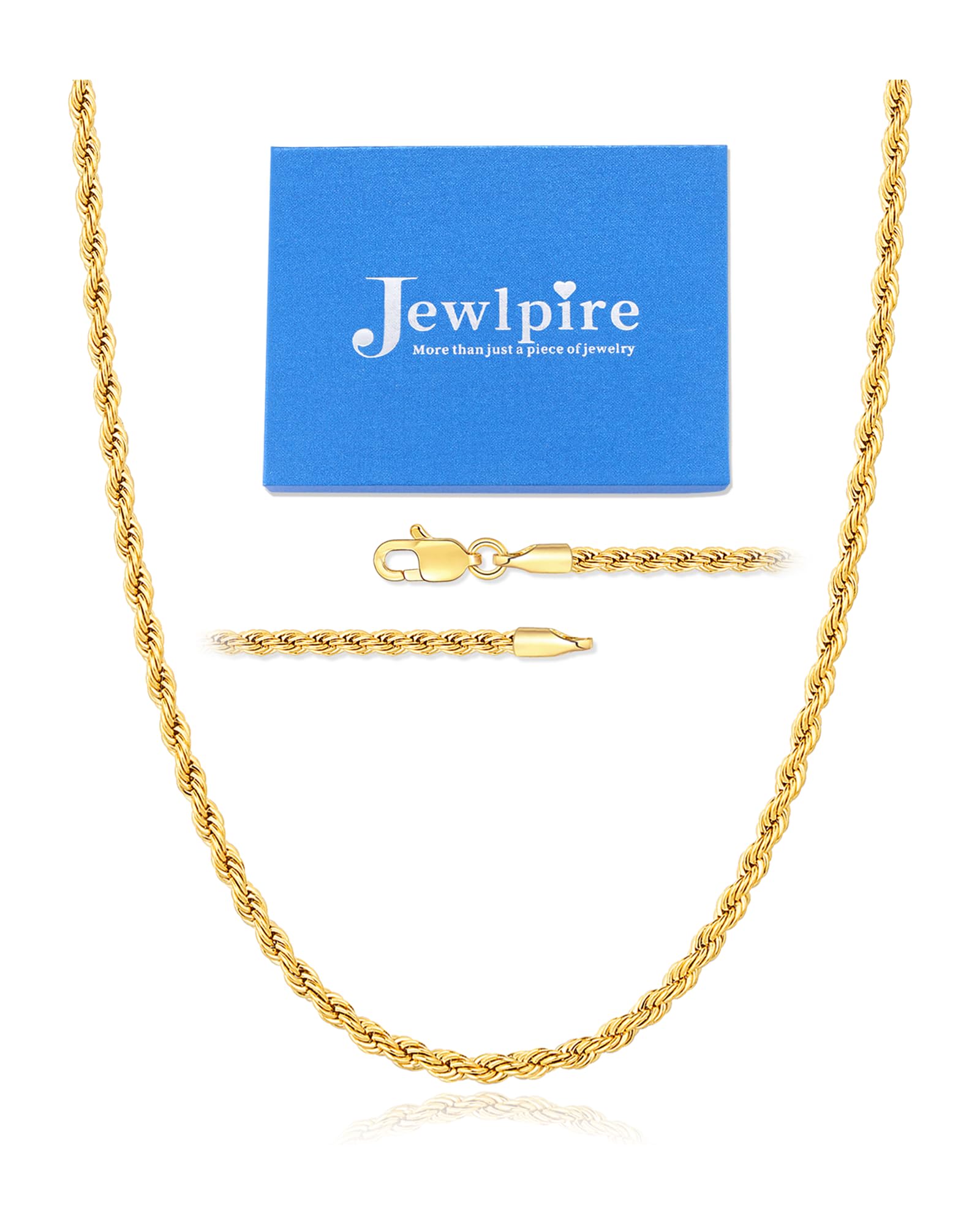 Jewlpire Silver Rope Chain/14k Gold Plated Chain Necklace for Men, 2.5mm 3mm 4mm
