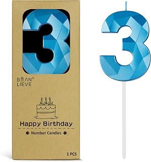 BEAN LIEVE 2.76 Inch Blue Number Candles 3 - Diamond Birthday Cake Candles with Metallic Finish for Party, Anniversary, Graduation Decorations.