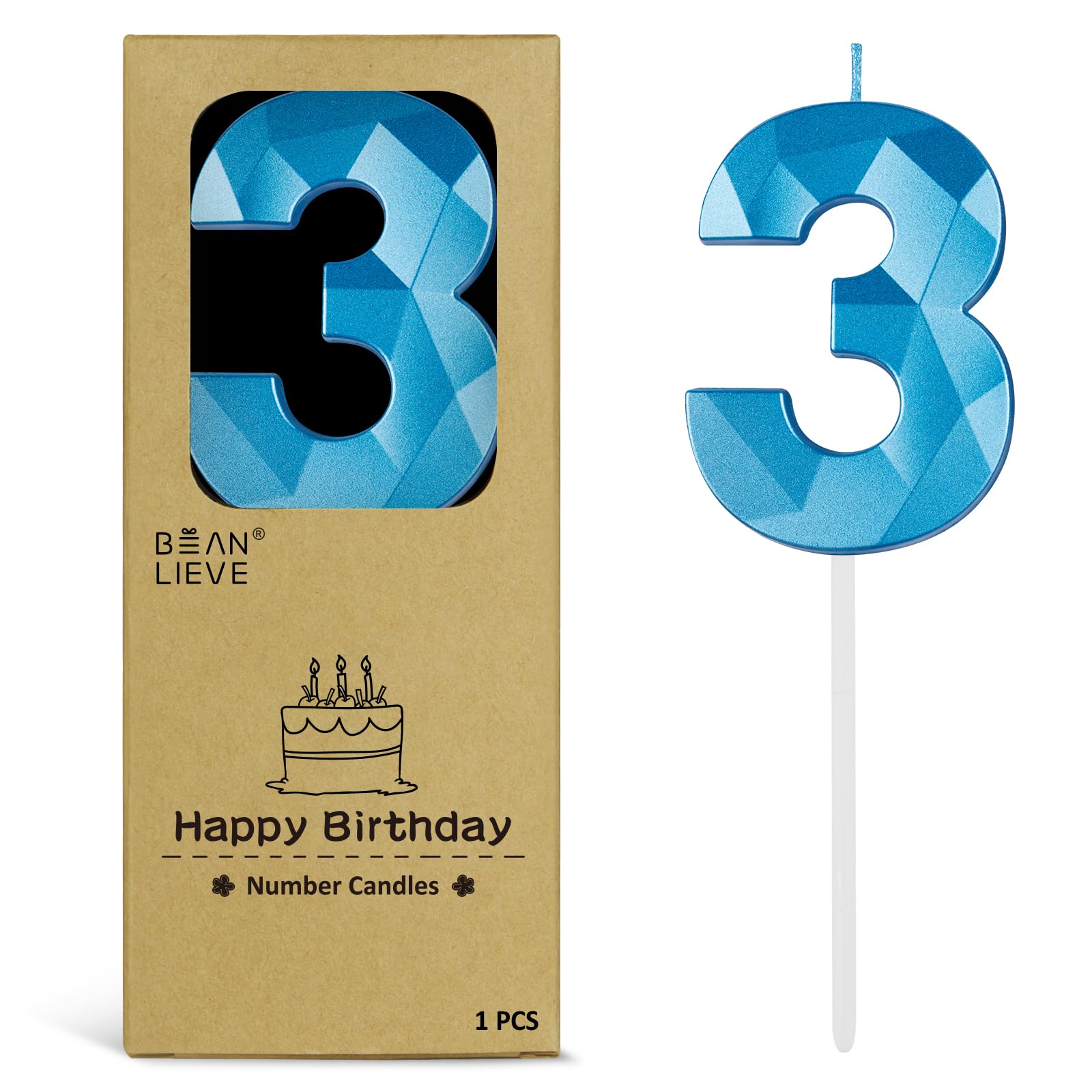 BEAN LIEVE 2.76 Inch Blue Number Candles 3 - Diamond Birthday Cake Candles with 