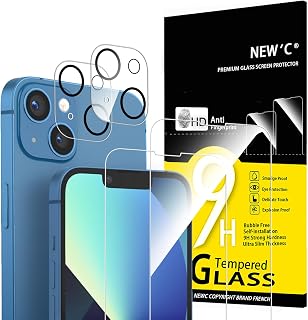 New'C for iPhone 13 for Tempered Glass (Pack of 2) and Camera Tempered Glass for Camera Protection (Pack of 2) - Scratch-Resistant - No Air Bubbles - Extremely Durable - 9H Hardness Glass