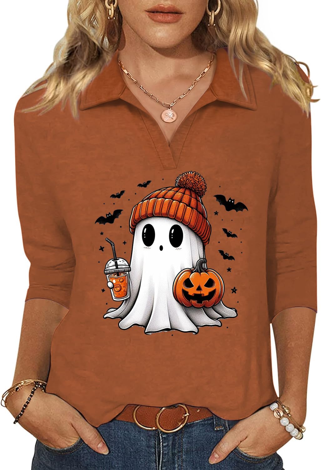 Beopjesk レディース 七分袖 秋 ハロウィン ヘンリー トップス ブラウス シャツ