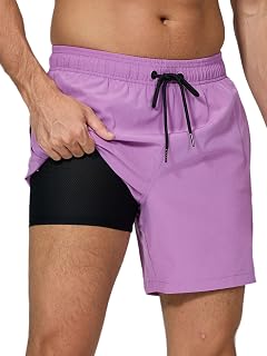 Arcweg Mens Swim Trunks with Compression Liner 2 in 1 Beach Swimming Trunks Quick Dry Swim Shorts with Zipper Pockets