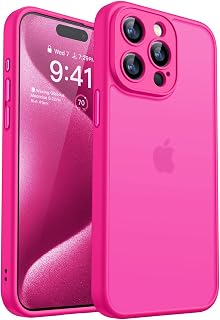 CANSHN Matte Compatible with iPhone 15 Pro Case, Upgraded [Full Camera Protection] [Translucent Matte] Shockproof Protective Phone Case 6.1" - Hot Pink