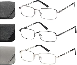 Hubeye 3 Paia Occhiali Da Lettura da Uomo Rettangolare In Metallo Materiale In Acciaio Inox Cerniera A Molla Anti Luce Blu con la custodia 1.00