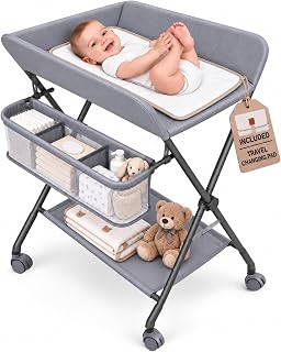 Baby Changing Table with Wheels, Portable Foldable Diaper Changing Station, Adjustable Height, Nursery Organizer with Storage Rack &amp; Side Basket for Newborn and Infant