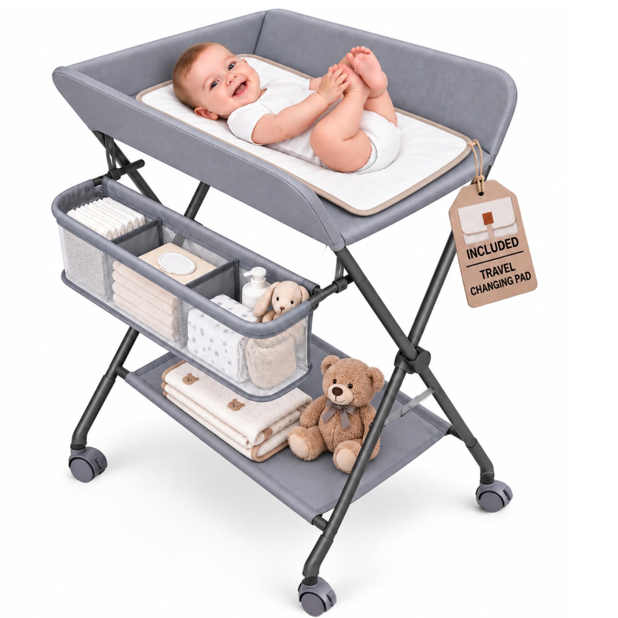 Baby Changing Table with Wheels, Portable Foldable Diaper Changing Station, Adju