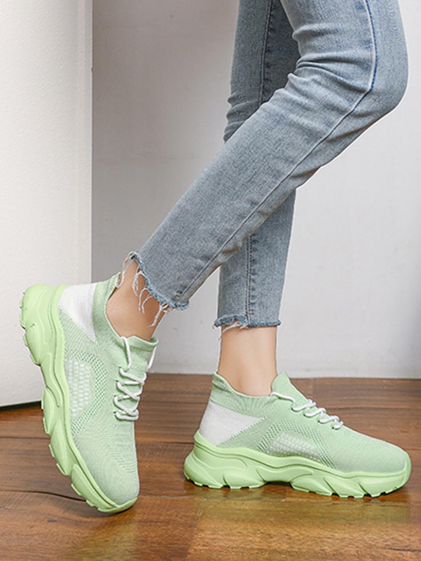 Women's Knit Sock Sneakers, Breathable Lightweight Slip-On Chunky Platform Walki
