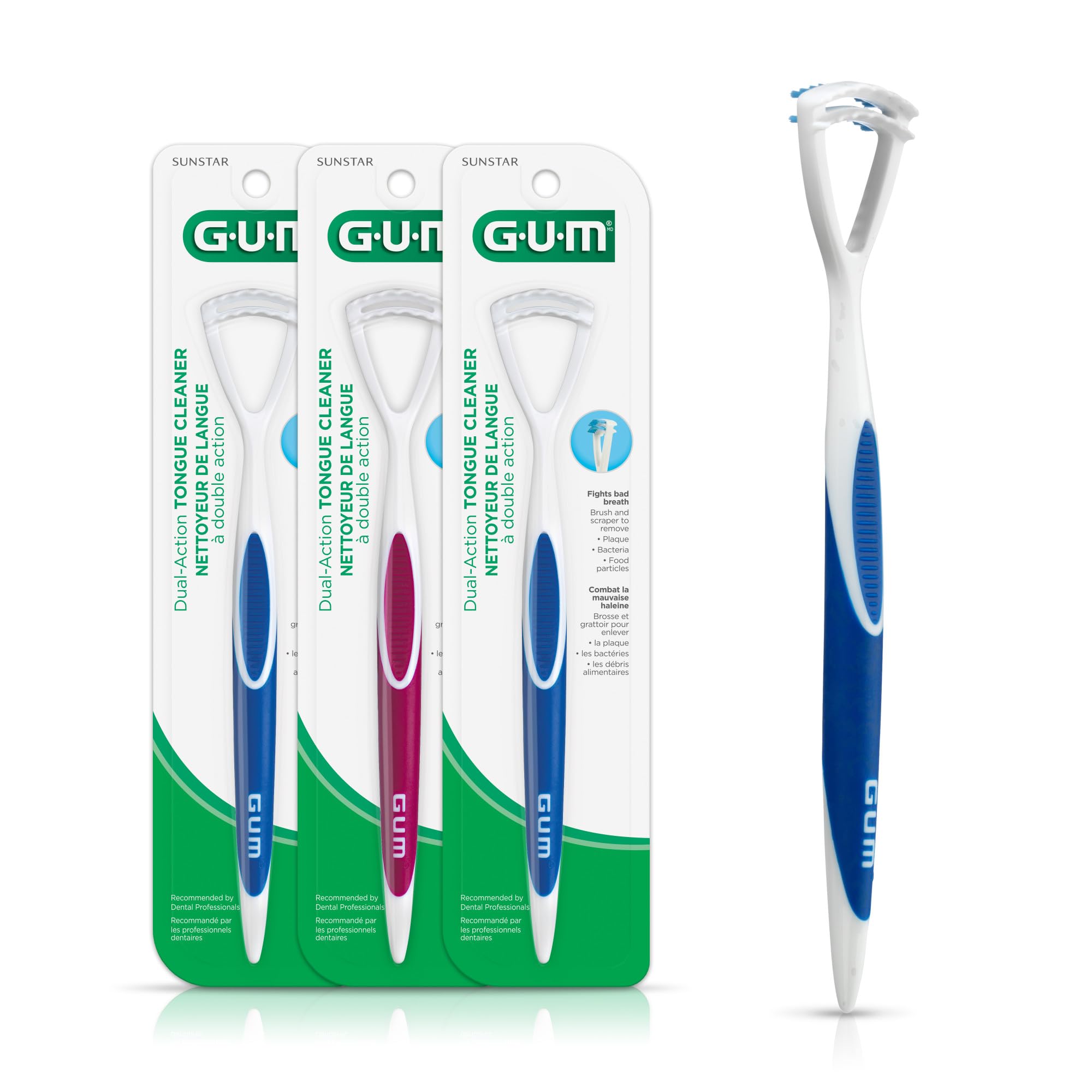 Gum 3 Pack Tongue Brush Soft Bristles Dual Action Tongue Brush with Tongue Scrap