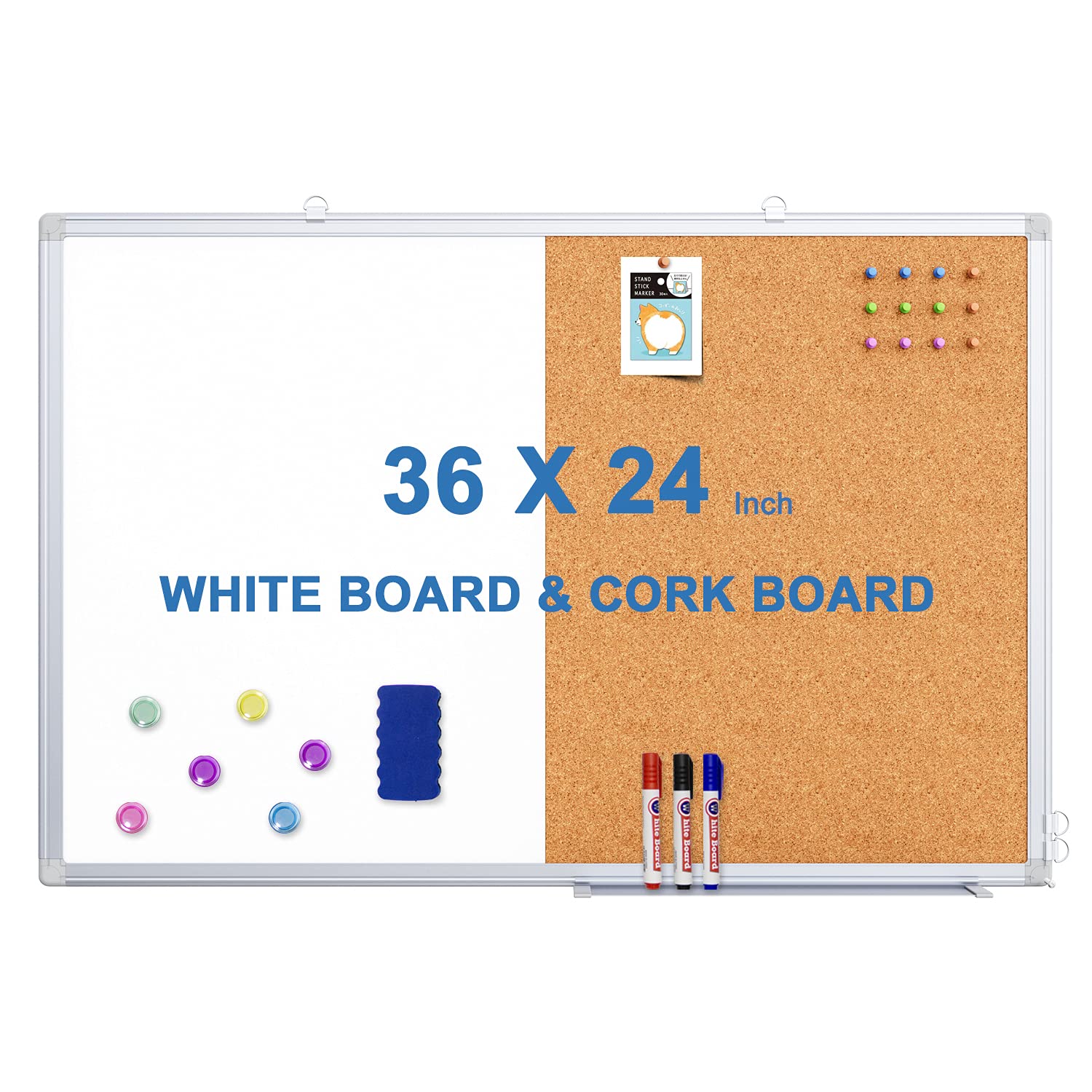 Magnetic White Board and Cork Board Combo 36" x 24" Aluminum Frame | Dry Erase B