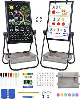 Maxtek Easel for Kids 24x18in, Double-Sided Whiteboard & Chalkboard, Black | Adjustable Height, 360° Rotating Art Easel Board with Tabletop Mode, Magnetic Standing Easel With Accessories For Kids 3+