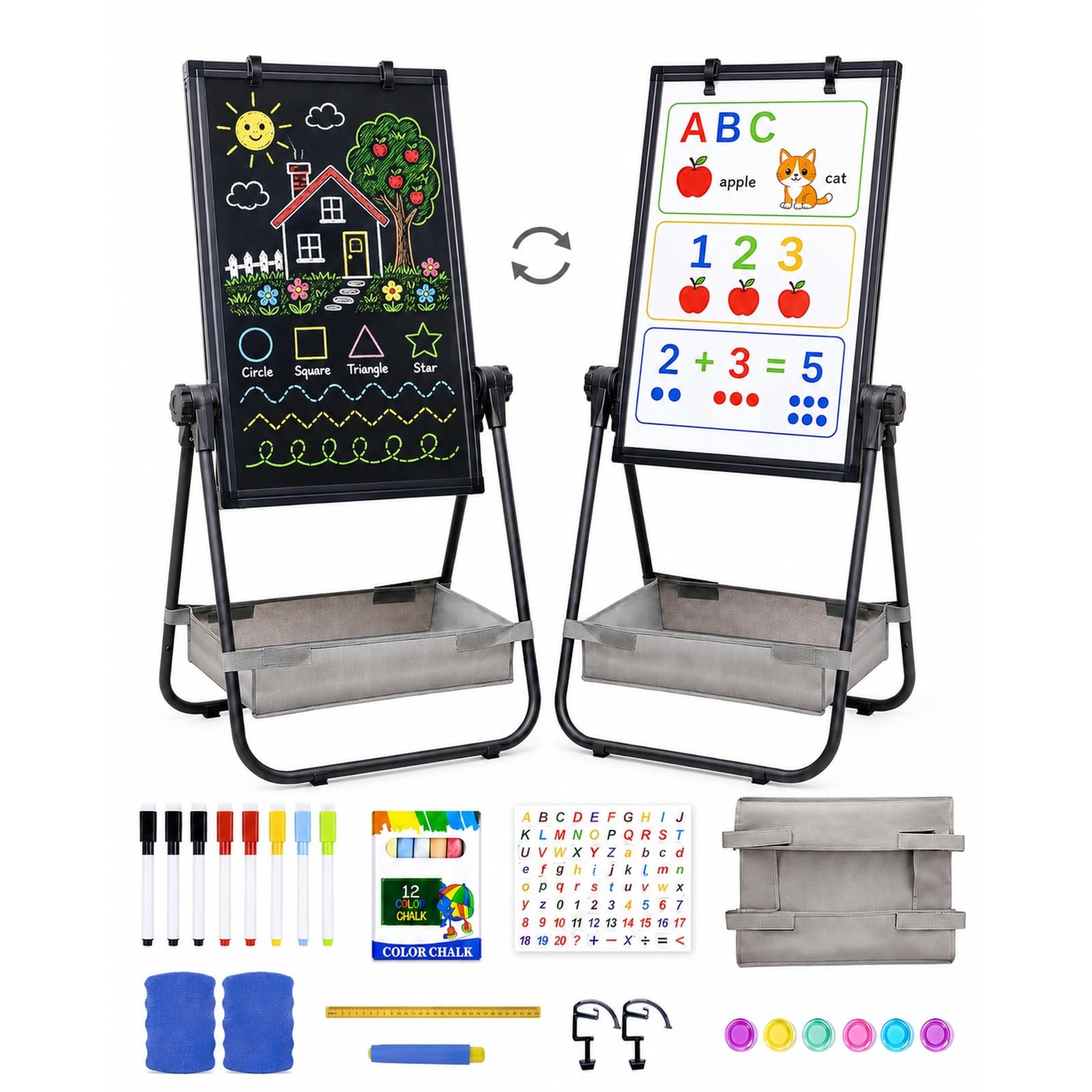 Maxtek Easel for Kids 24x18in, Double-Sided Whiteboard & Chalkboard, Black | Adj