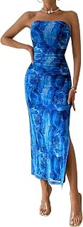 PRETTYGARDEN Summer Wedding Guest Dress for Women Strapless Maxi Bodycon Long Floral Mesh Beach Holiday Party Dress