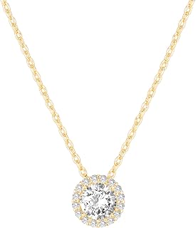 PAVOI 14K Gold Plated Post Faux Diamond Round Solitaire Pendant Halo Necklace | Gold Necklace for Women | Slider Adjustable