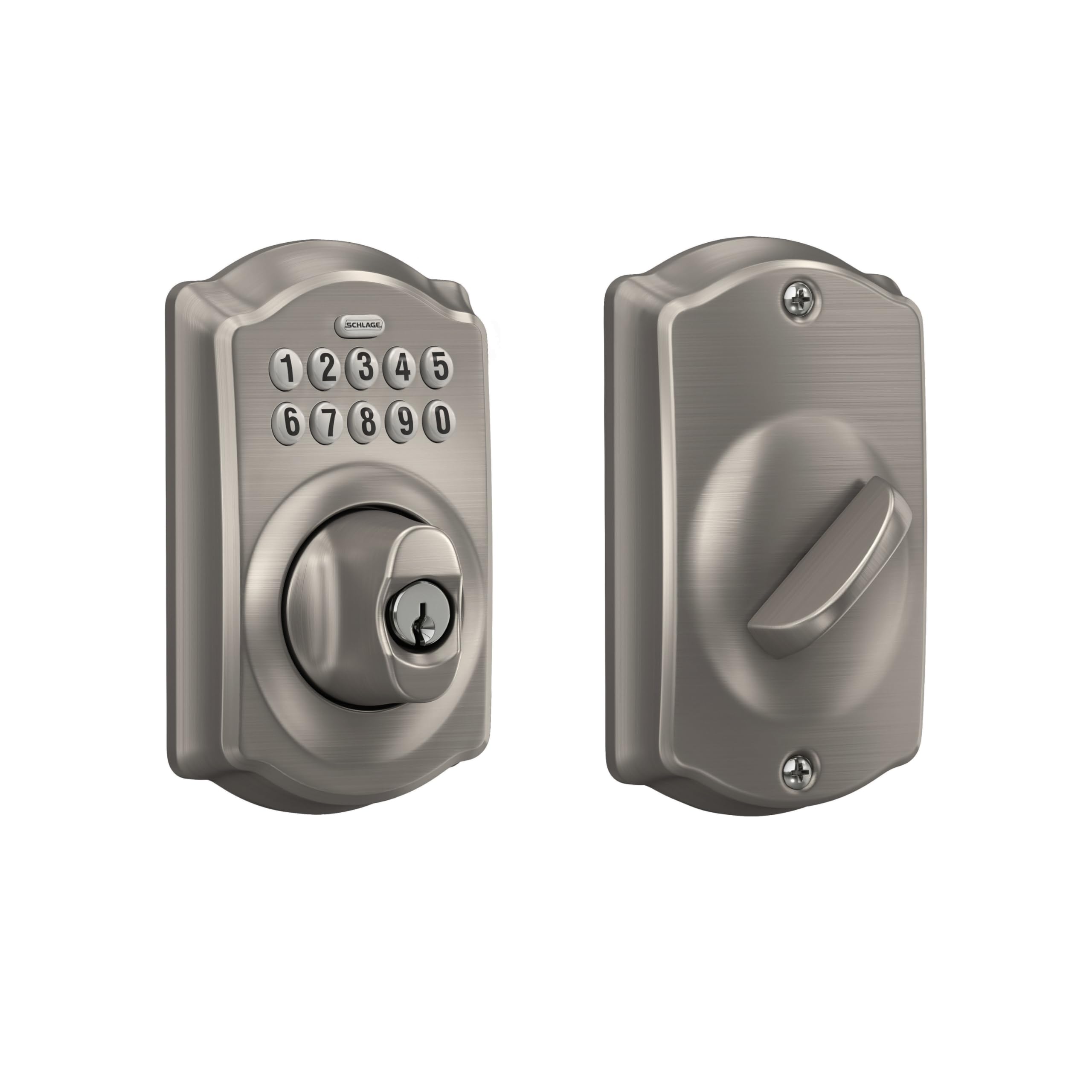 Schlage Electronic Keypad Deadbolt Lock, Camelot Trim, Satin Nickel | Keyless en