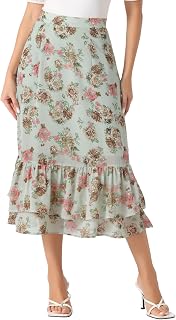 Allegra K Women's Printed Skirt Chiffon Ruffle Tiered Flowy Midi Skirts