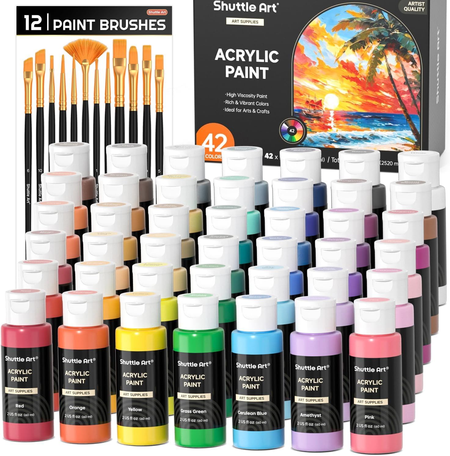 Shuttle Art Acrylic Paint 42-Color Set with 12 Brushes Included, Large Capacity 