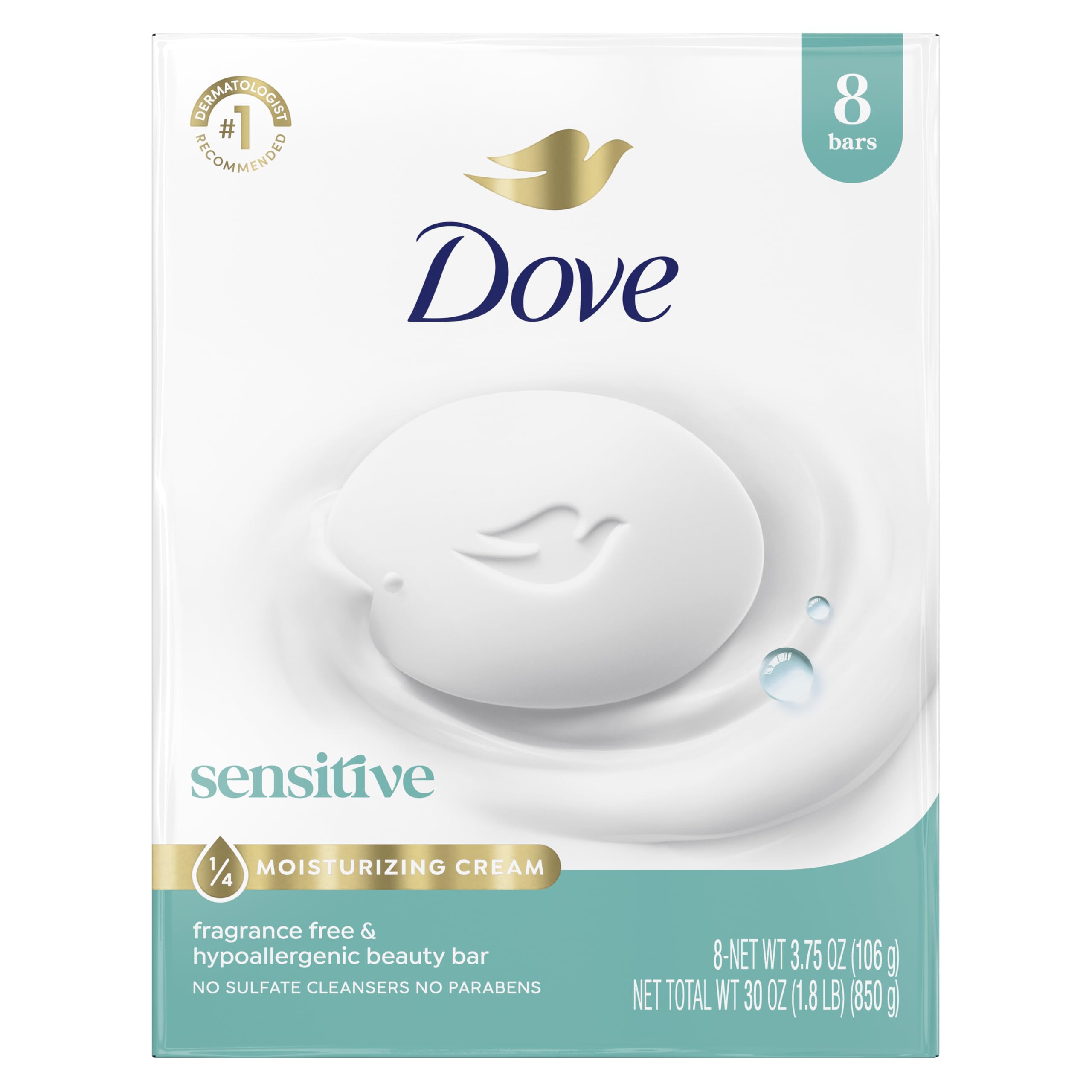 Dove Sensitive Beauty Bar Soap, Fragrance Free, 8 Count, 3.75 oz | For sensitive