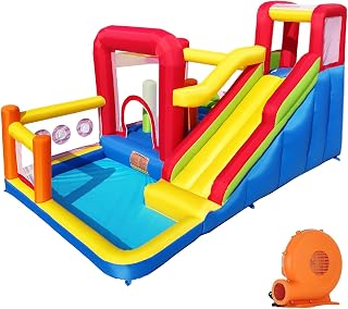 Hongcoral Bouncy Castle, Inflatable Bounce House with Tall Slide for Big Kids, Blow Up Jumping Bouncer with Slide, Climbing Wall, Obstacles, Trampoline, Ball Pit Pool for Indoor Outdoor