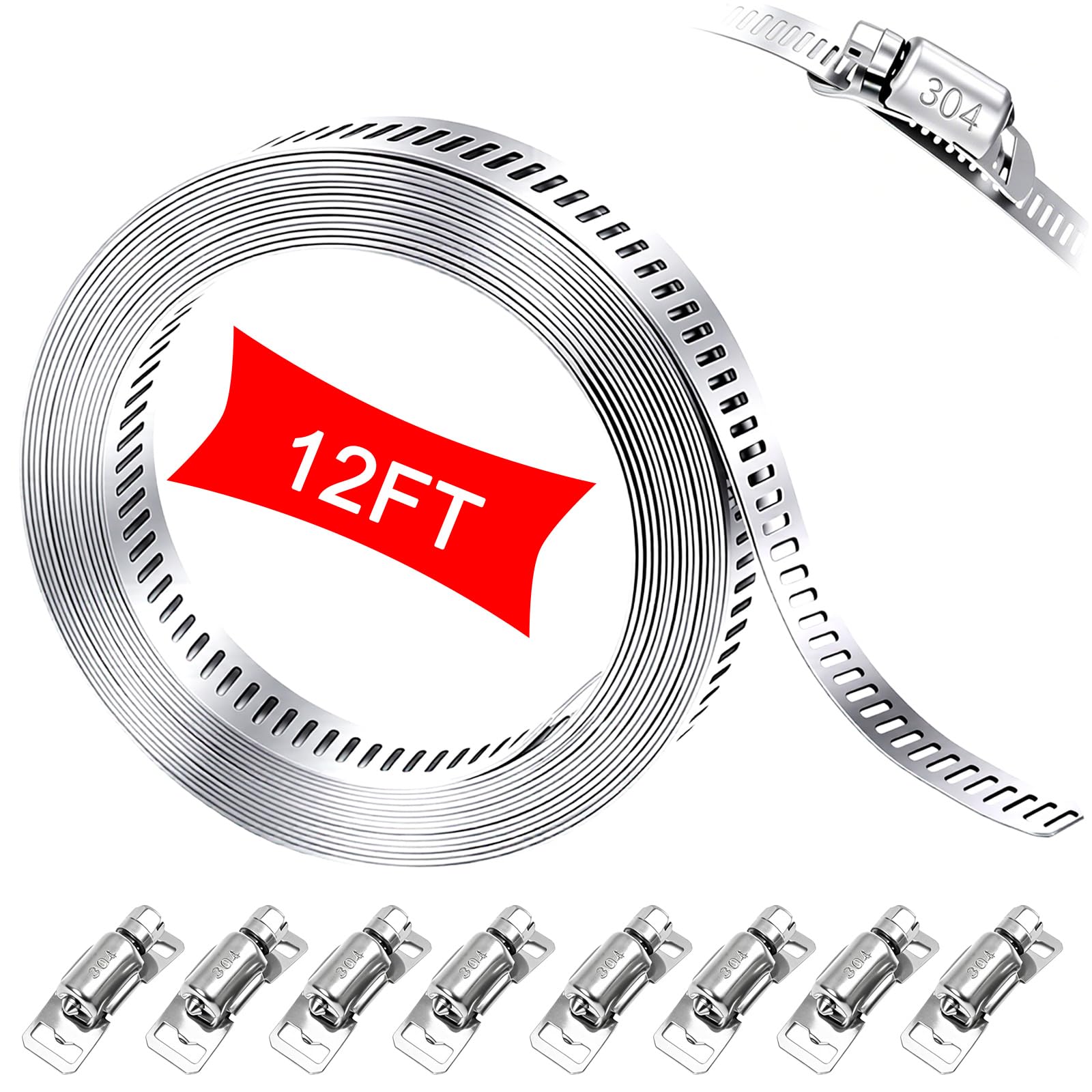 304 Stainless Steel Hose Clamp Assortment Kit,DIY 12FT Metal Strap + 8 Stronger 