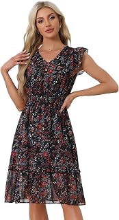 Allegra K Womens Floral Dress V Neck Ruffle Smocked Knee Length Dresses
