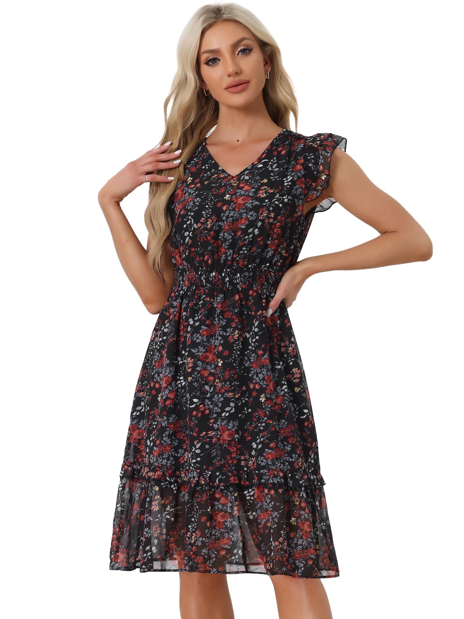Allegra K Womens Floral Dress V Neck Ruffle Smocked Knee Length Dresses
