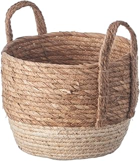 Eden & Willow Natural Straw Woven Plant Storage Basket, Home Organisation Hamper Basket with Handles (Cream, Small)