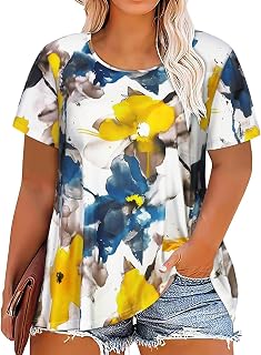 Plus Size Tops for Women Floral Short Sleeves T Shirts Flowy Tunic Blouses