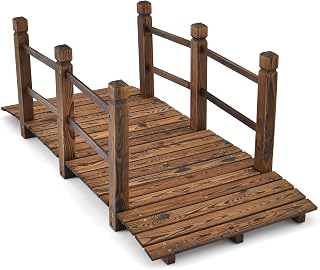 Tangkula 5 FT Wooden Garden Bridge, Arch Stained Finish Footbridge with Double Safety Rails, Outdoor Fir Construction Decorative Bridge Walkway for Backyard, Gravel Road, Creek, Farm (Stained Wood)