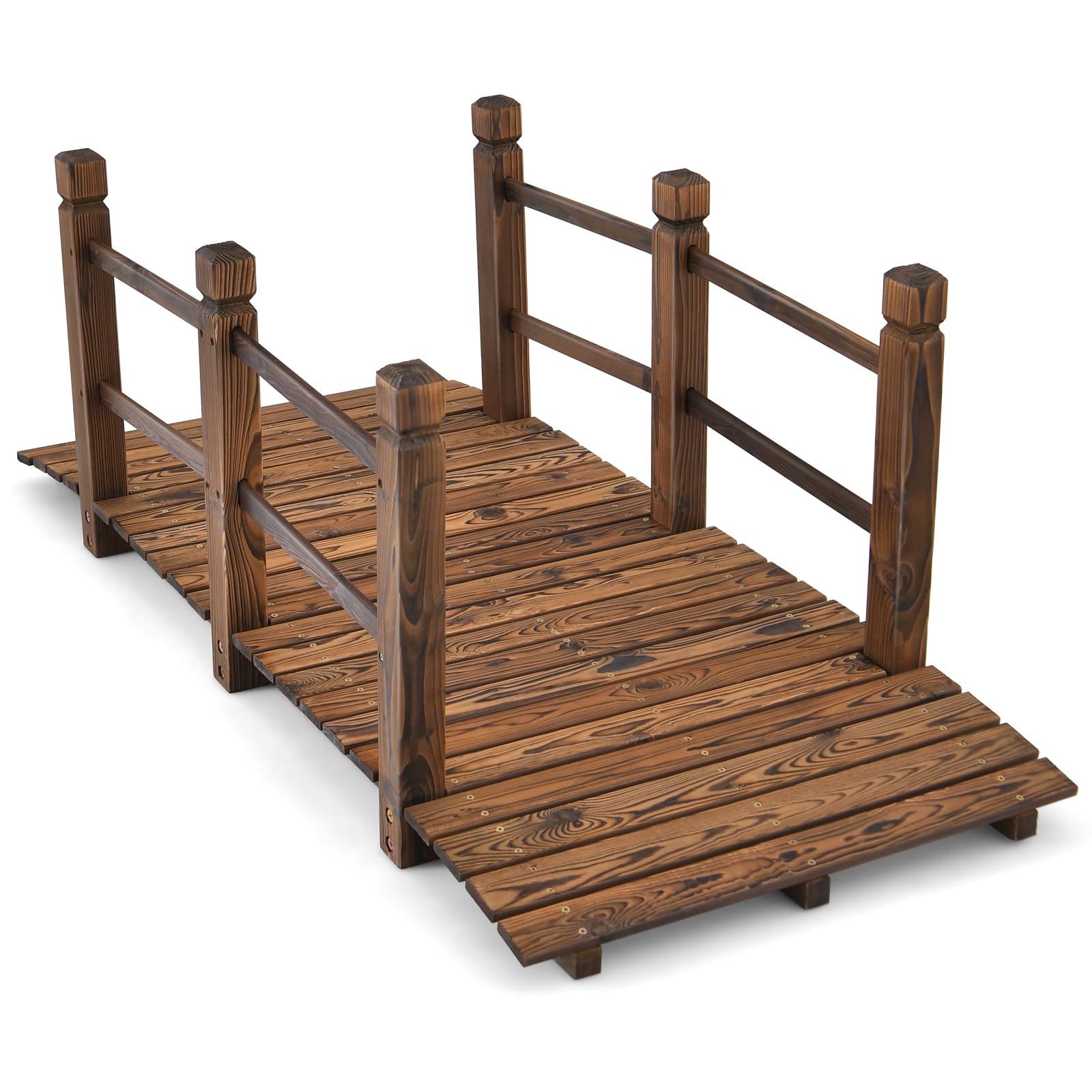 Tangkula 5 FT Wooden Garden Bridge, Arch Stained Finish Footbridge with Double S