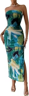 PRETTYGARDEN Women Summer Dress for Wedding Strapless Maxi Bodycon Long Floral Mesh Beach Holiday Party Dress