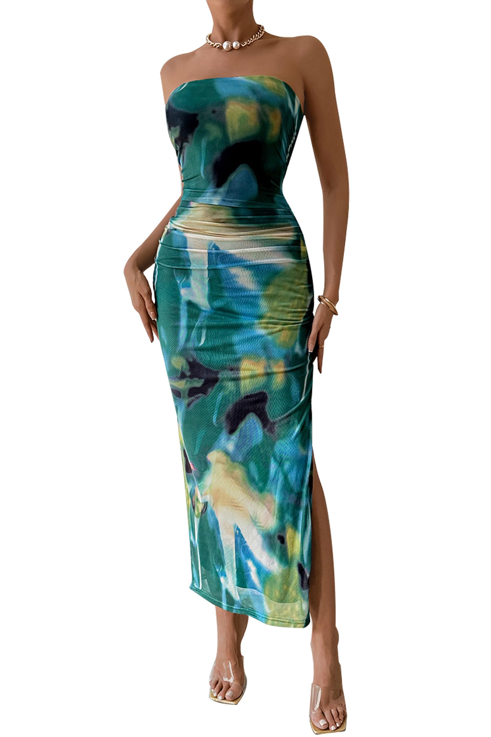 PRETTYGARDEN Women Summer Dress for Wedding Strapless Maxi Bodycon Long Floral M