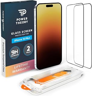 Power Theory compatible with iPhone 16 Plus Screen Protector Shatterproof Tempered Glass, 2 Pack, Easy installation, 99.99% HD Clear, Bubble Free, Case Friendly, Anti-Scratch, Anti-Smudge
