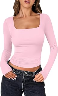 ANRABESS Women Double Lined Long Sleeve Crop Tops Shirts Square Neck Tight Fitted Going Out T-Shirt Basic Tee Outfits 2026