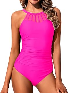 Holipick Women High Neck One Piece Swimsuit Tummy Control Halter Slimming Bathing Suit Mesh Swimwear for Teen Girls, Hot Pink, Small