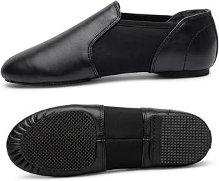 Slip On Jazz Dance Shoes - Black Leather - Modern Stage Rubber Heel Split Sole – Neoprene - Irish Dancing Pumps for Kids, Girls & Children
