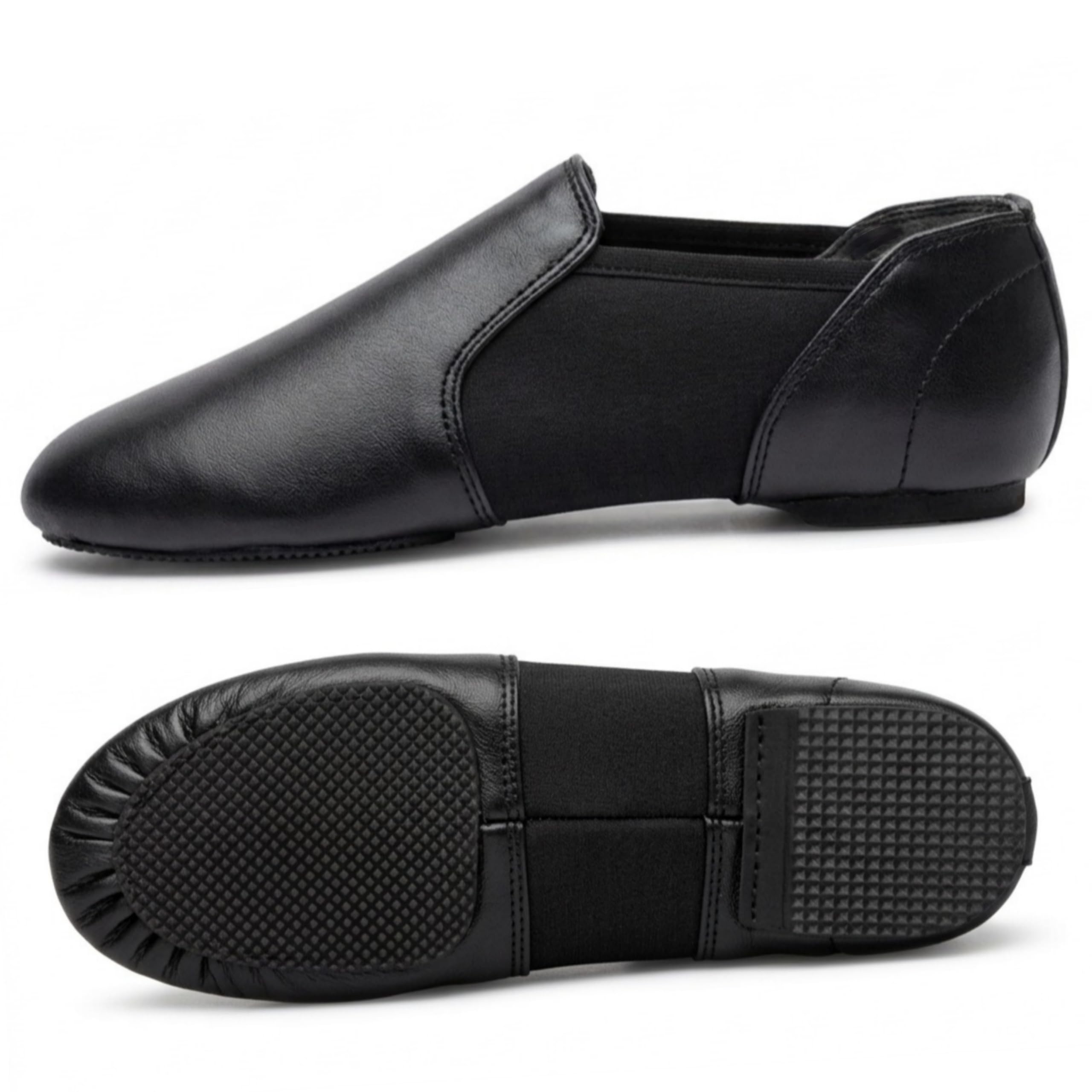 Slip On Jazz Dance Shoes - Black Leather - Modern Stage Rubber Heel Split Sole –