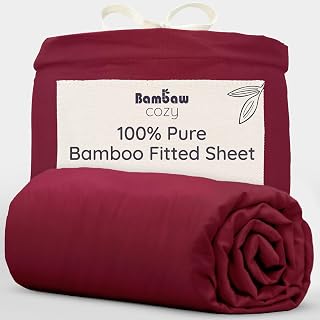 Bambaw Bamboo Fitted Sheet Single, 90x190 cm, Deep Pocket 35cm, Luxury Bedding, 100% Bamboo Fibre, Antibacterial & Anti Sweat Summer Bedding, Elasticated Deep Fitted Single Sheet 90x190 cm (Burgundy)