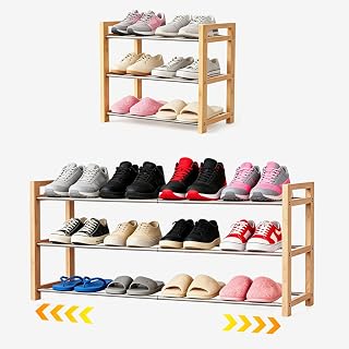 LEMIKKLE Shoe Rack Wooden, 3-Tier Oak Shoe Rack Expandable Stainless Steel Design, Ideal for Small Shoe Storage for Narrow Space, Suitable for Entrances, Garages