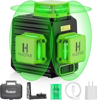 HUEPAR Laser Level 360 Self Leveling, 3x360° Best Green Line Laser Leveler | Rechargeable 3D High Brightness Green Laser Level for Construction & Picture Hanging, Strong Magnetic Bracket & Hard Suitcase