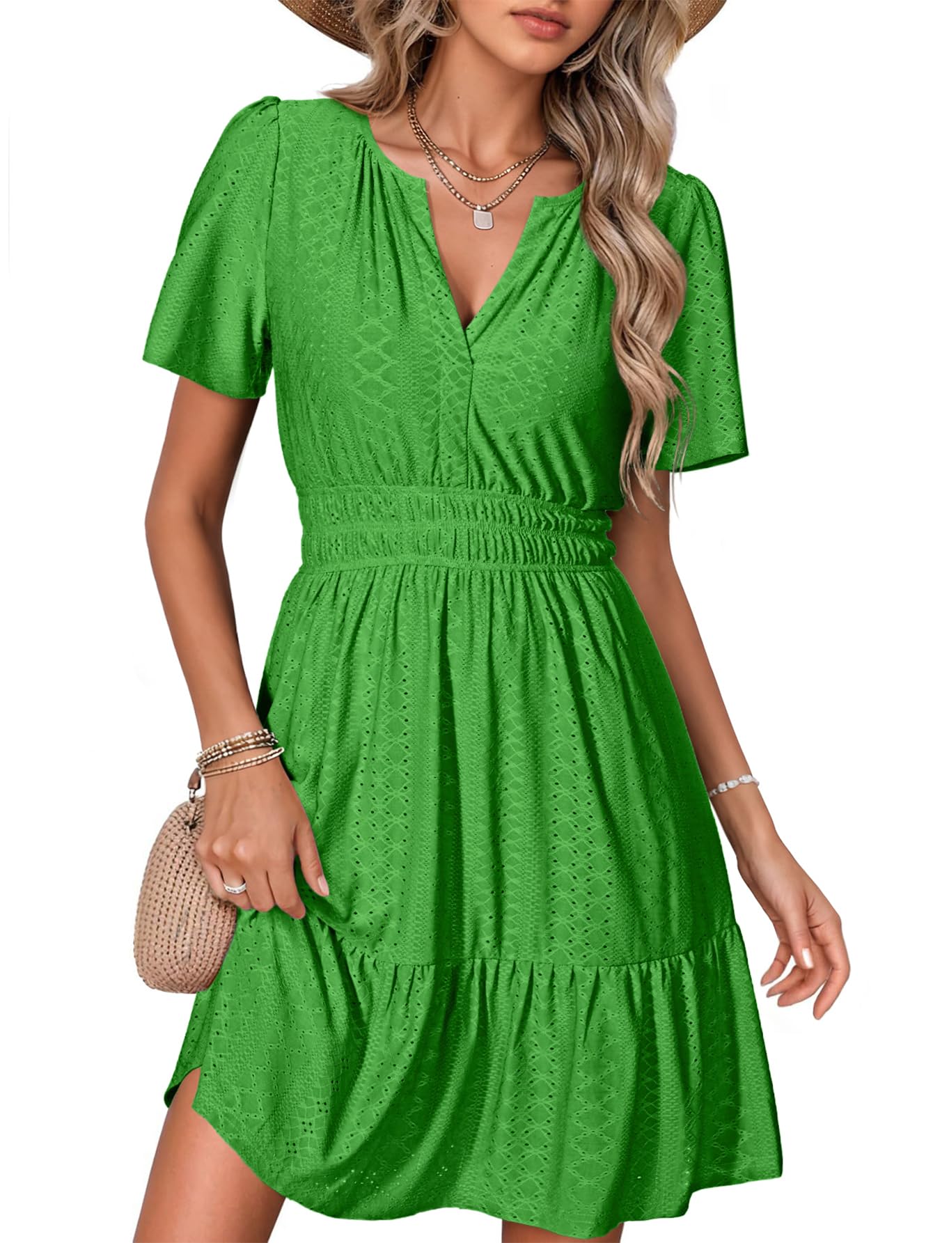 Simplee Womens 2026 Summer Mini Dress Eyelet Short Sleeve Cocktail Short Dresses