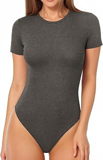 MANGOPOP Women's Round Neck Short Sleeve Bodysuit T Shirts Basic Tops