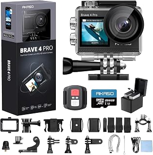 AKASO Brave 4 Pro Action Camera 4K with 256GB MicroSD U3 Card Bundle | 131FT Underwater Waterproof Camera 20MP EIS Touch Screen WiFi 5X Zoom with 2x1350mAh Batteries and Helmet Accessories Kit