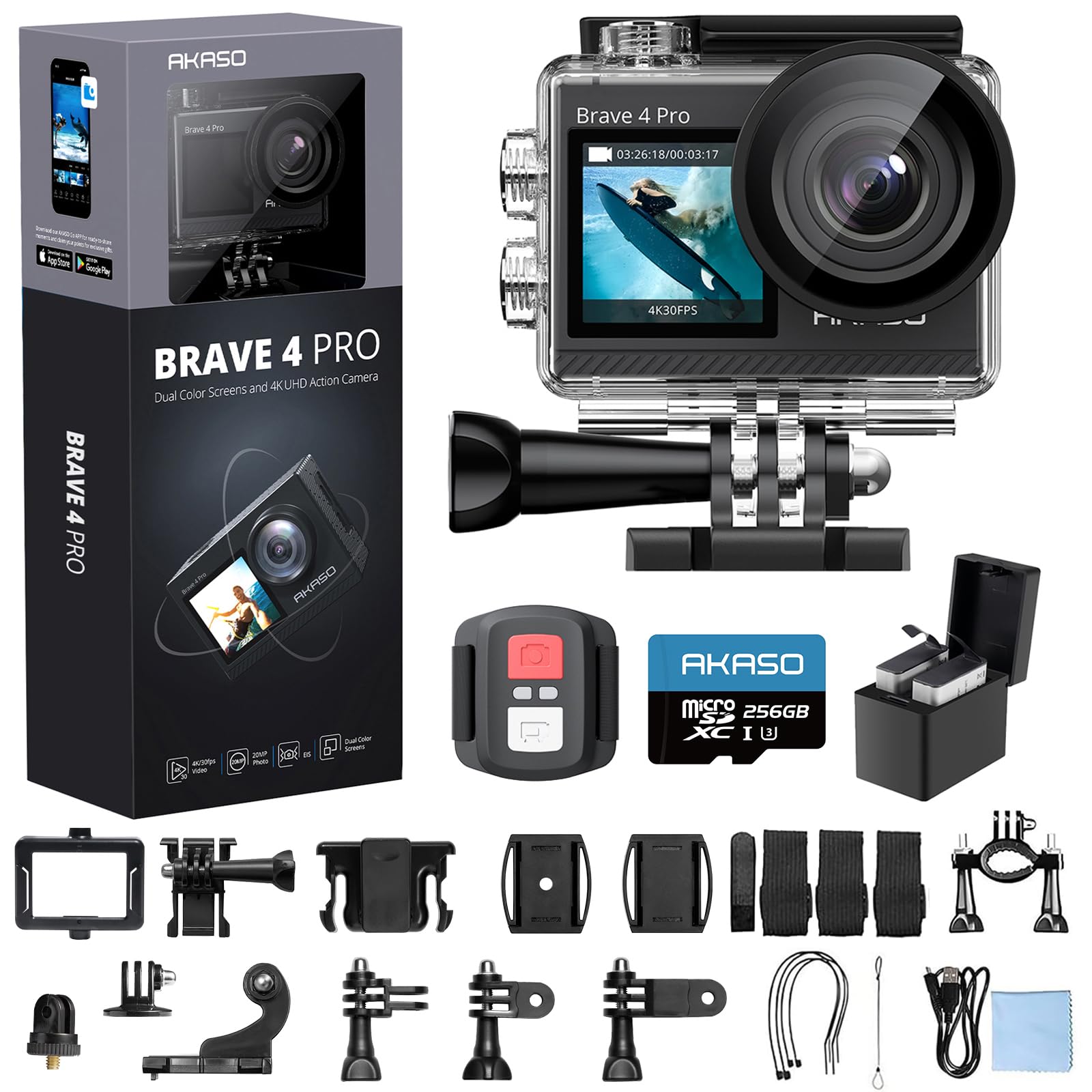 AKASO Brave 4 Pro Action Camera 4K with 256GB MicroSD U3 Card Bundle | 131FT Und