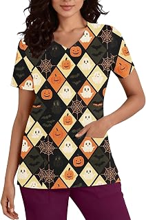 Hnodov Halloween Scrub Top Print Womens Short Sleeve Nursing Uniforms | Women V Neck Scrubs with Pockets Stretchy Nursing Shirts With Pockets