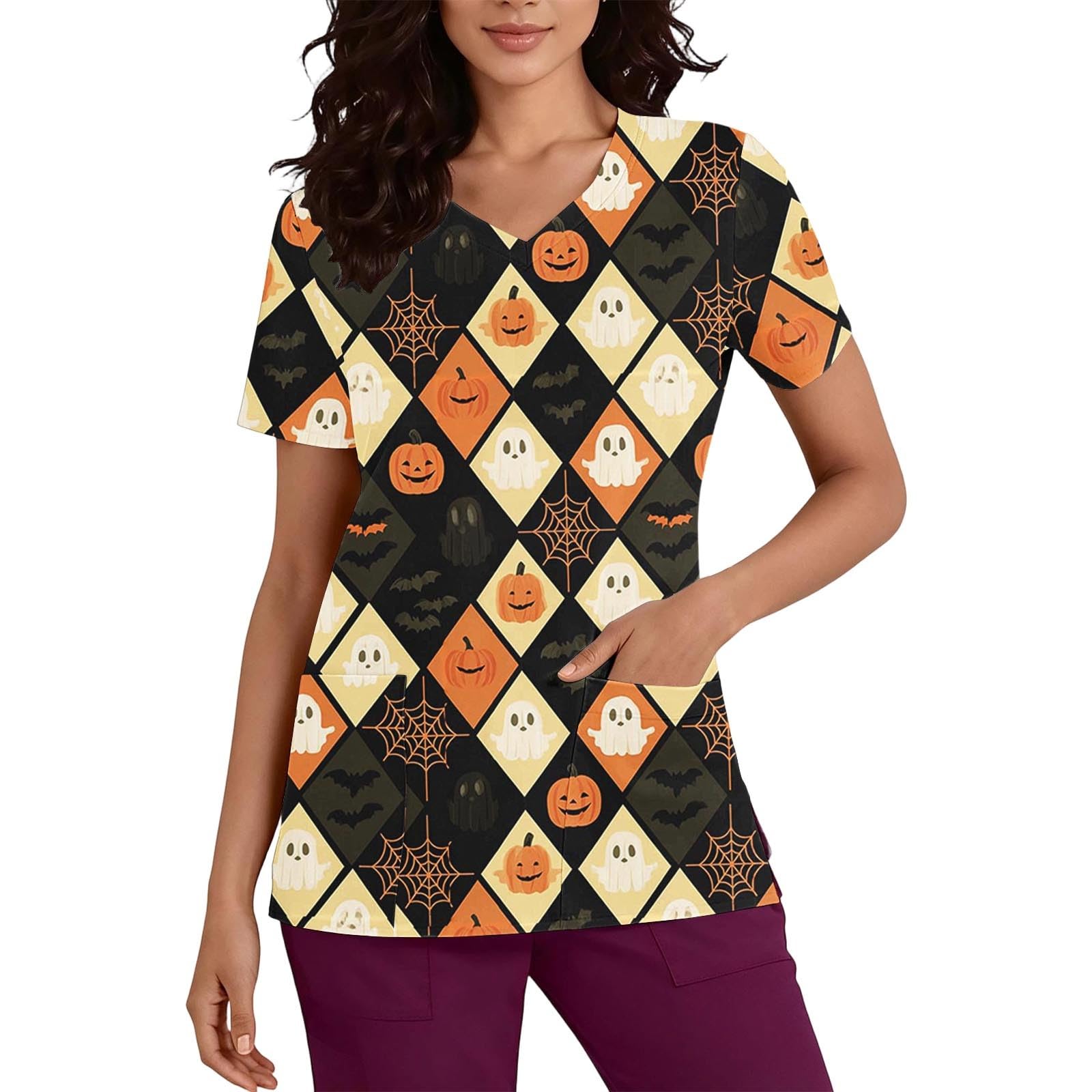 Hnodov Halloween Scrub Top Print Womens Short Sleeve Nursing Uniforms | Women V 
