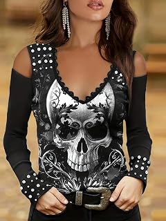 Plus Size Womens Halloween Skull Print Tops V Neck Shirts Slim Fit Floral Print Tops Cold Shoulder Shirts Blouses