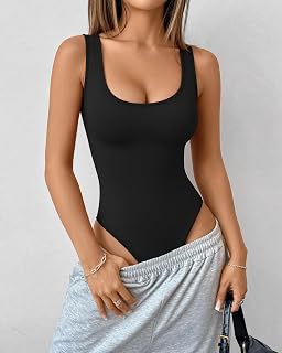 Women's Tank Top Bodysuit Scoop Neck Sleeveless Bodysuit Sexy Backless Rib Top
