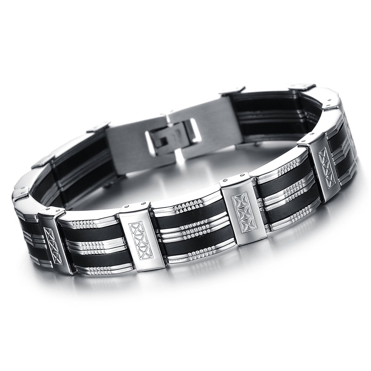 OIDEA Herren Armband Gliederkette Armkette: Schwarz Weißen Silikon Streifen Glie